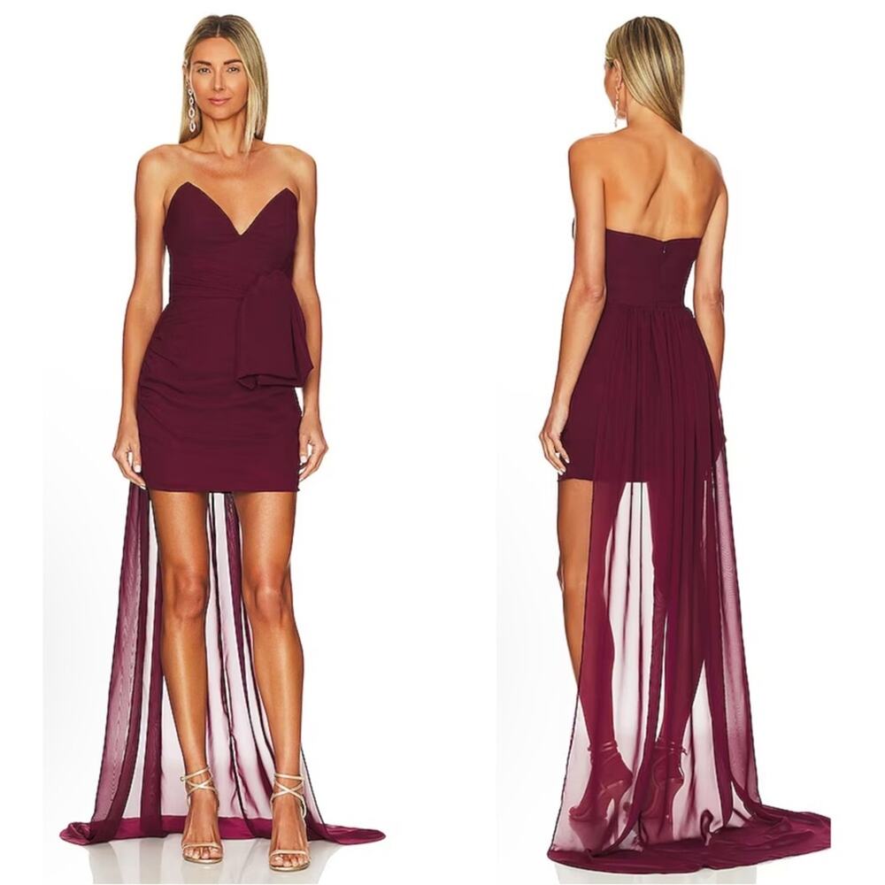 KATIE MAY Ali Strapless Bow Detail Mini Dress with Train Dress in Sangria Sz XS